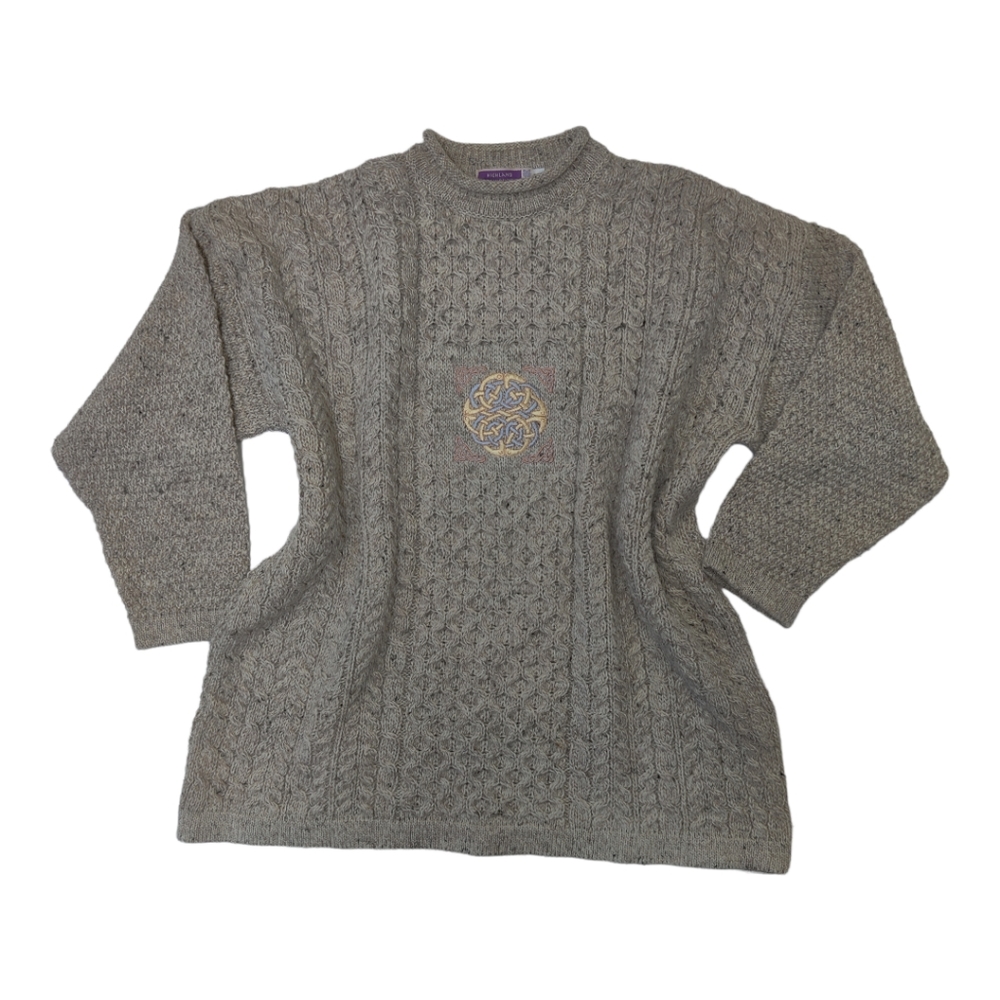 🌿 Oatmeal Cable Knit Crewneck Sweater with Embroidered Scottish Crest - XL